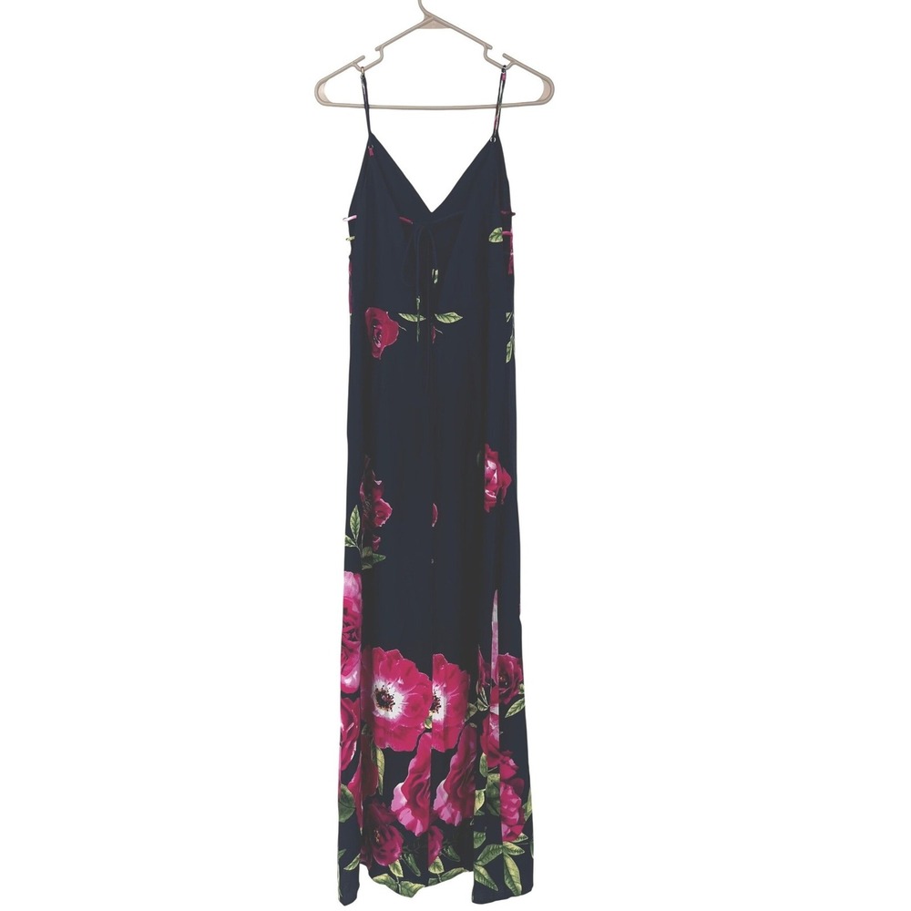 Soieblu Floral Rose Print Maxi Dress Black Pink V-Neck Cut Out Side Slit Large - Picture 2 of 11